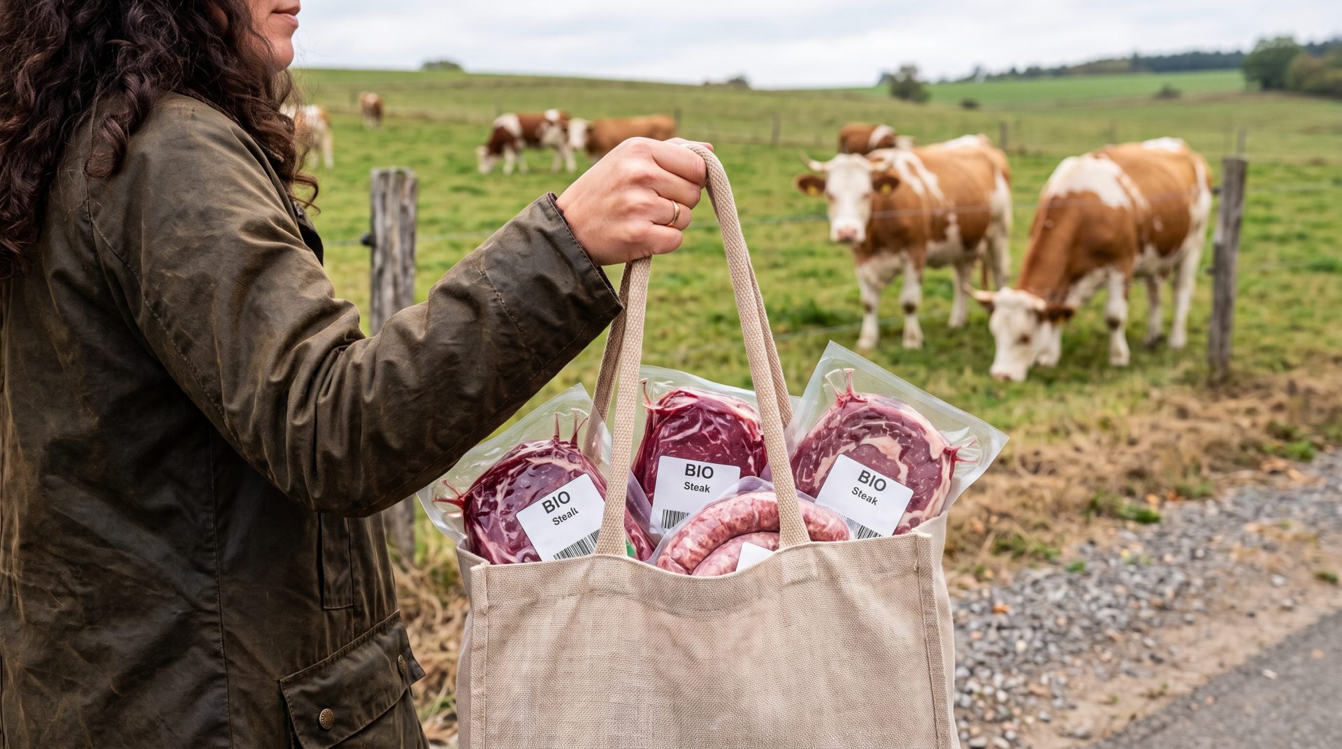 Kundin mit Einkaufstasche voller Bio-Fleisch vor der Weide (KI-generiertes Bild)